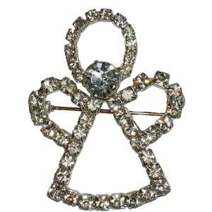 Angel Brooch Clear Rhinestones Pin Silvertone  A1219